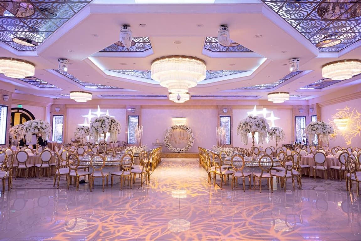 Ballroom decorated for a wedding reception