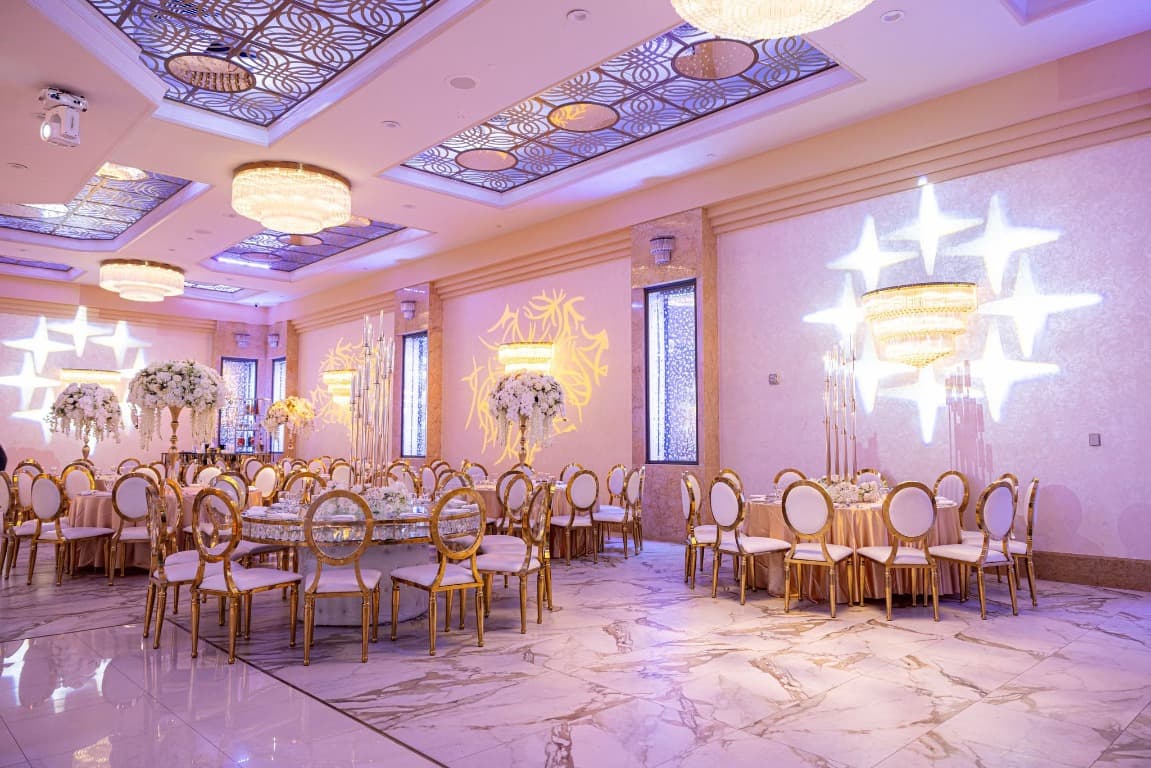 Elegant ballroom with floral arrangements